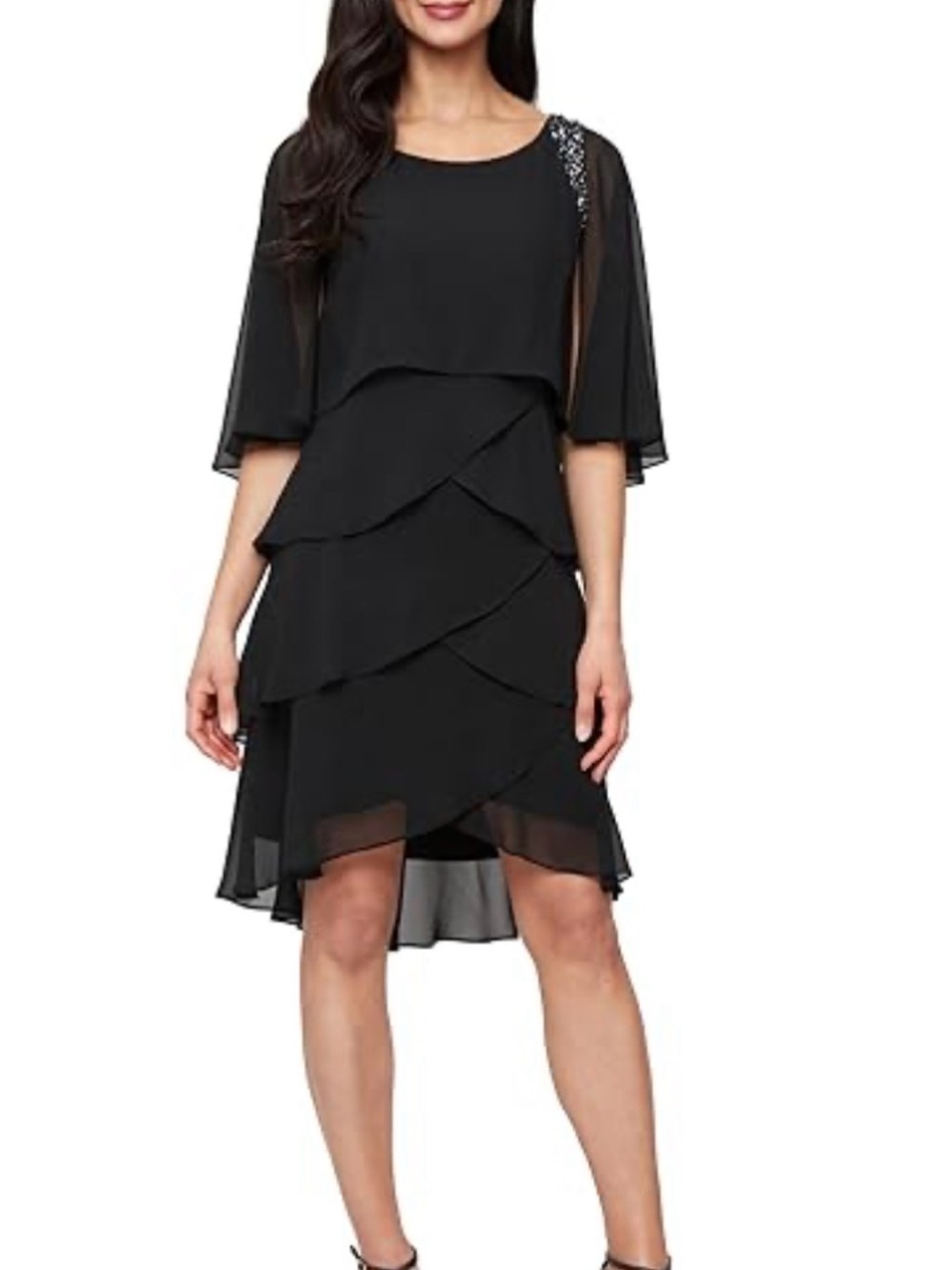 Women's SLNY Fashions Black Tiered Flutter Capelet Dress